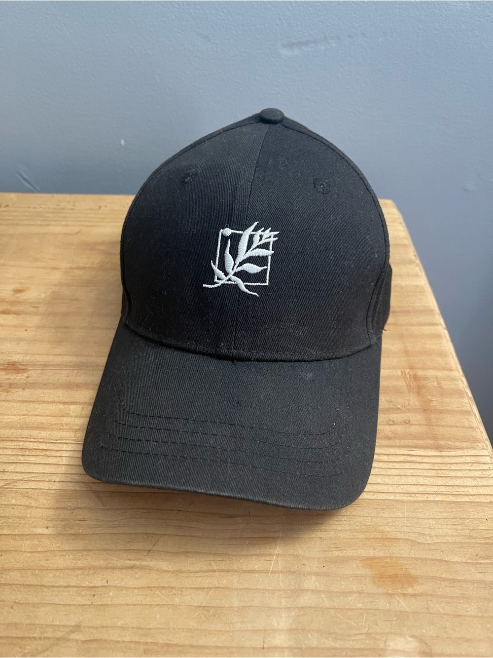 Black Baseball Cap with White Leaf Embroidery